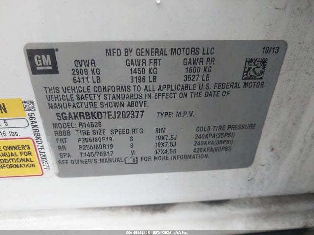 45145415 :رقم المزاد ، 5GAKRBKD7EJ202377 vin ، 2014 Buick Enclave Leather مزاد بيع