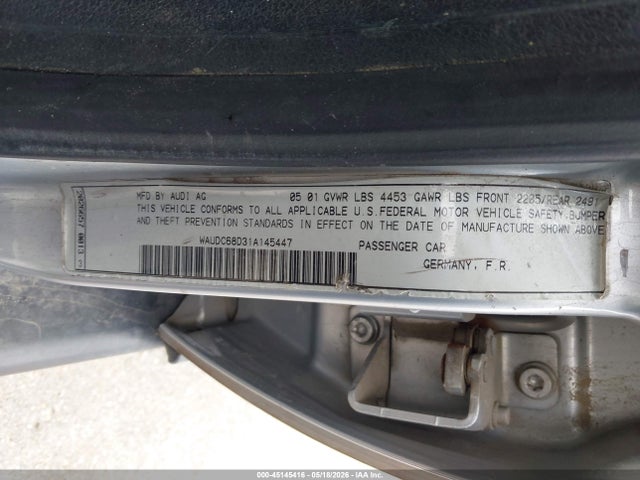 Aukcja sprzedaży 2001 Audi A4 1.8 T, vin: WAUDC68D31A145447, numer aukcji: 45145416