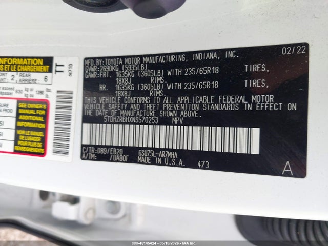 45145424 :رقم المزاد ، 5TDHZRBHXNS570253 vin ، 2022 Toyota Highlander Xle مزاد بيع