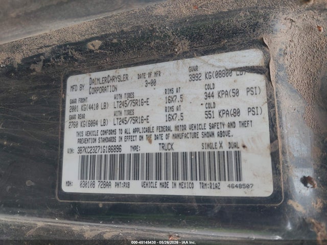 45145430 :رقم المزاد ، 3B7KC23Z71G186896 vin ، 2001 Dodge Ram 2500 St مزاد بيع