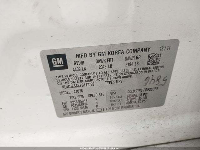 45145435 :رقم المزاد ، KL4CJESBXFB117789 vin ، 2015 Buick Encore مزاد بيع
