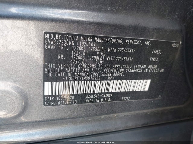 4T3R6RFV4MU016152 Toyota Rav4 Hybrid Xle