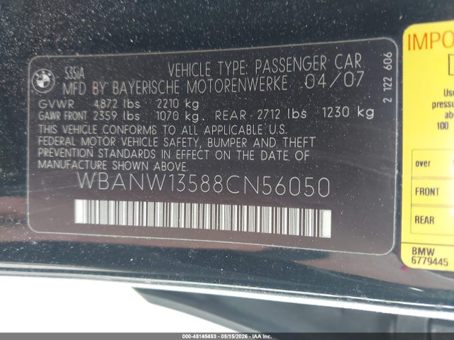 Aukcja sprzedaży 2008 Bmw 535i, vin: WBANW13588CN56050, numer aukcji: 45145453