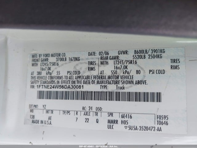 45145461 :رقم المزاد ، 1FTNE24W56DA30081 vin ، 2006 Ford E-250 Commercial/recreational مزاد بيع