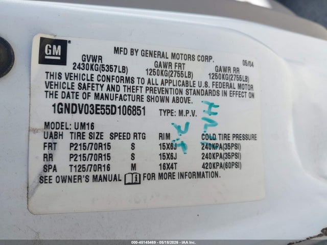 Продажа на аукционе авто 2005 Chevrolet Venture, vin: 1GNDV03E55D106851, номер лота: 45145469