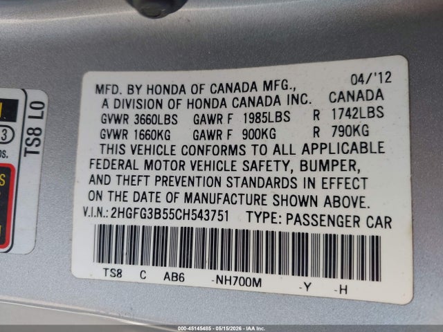 45145485 :رقم المزاد ، 2HGFG3B55CH543751 vin ، 2012 Honda Civic Lx مزاد بيع