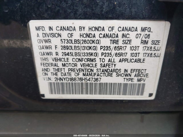 2006 Acura Mdx მანქანა იყიდება აუქციონზე, vin: 2HNYD18876H547367, აუქციონის ნომერი: 45145486