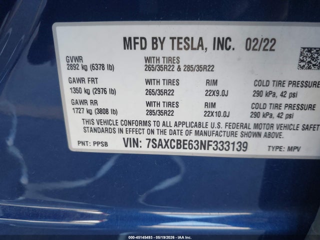 Aukcja sprzedaży 2022 Tesla Model X Plaid Tri Motor All-wheel Drive, vin: 7SAXCBE63NF333139, numer aukcji: 45145493
