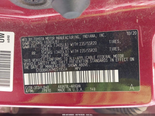 5TDDBRCH7MS519504 Toyota Highlander Hybrid Limited