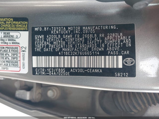 Aukcja sprzedaży 2006 Toyota Camry Le, vin: 4T1BE32K76U665114, numer aukcji: 45145510