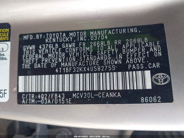 Продаж на аукціоні авто 2004 Toyota Camry Le V6, vin: 4T1BF32KX4U582755, номер лоту: 45145528