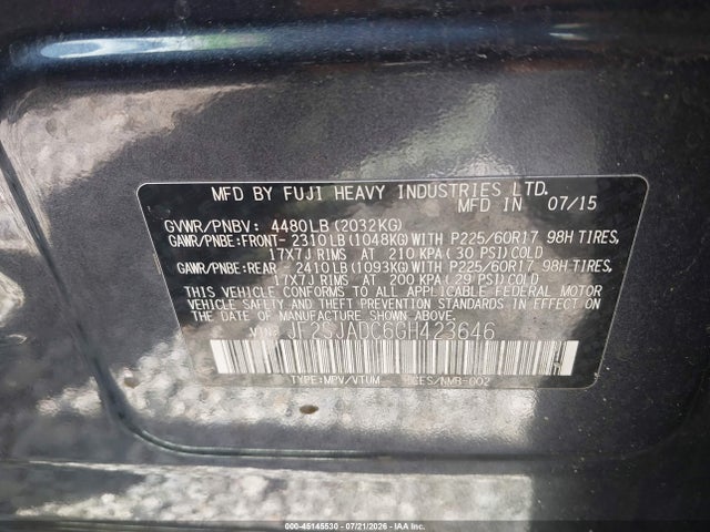 Продаж на аукціоні авто 2016 Subaru Forester 2.5i Premium, vin: JF2SJADC6GH423646, номер лоту: 45145530