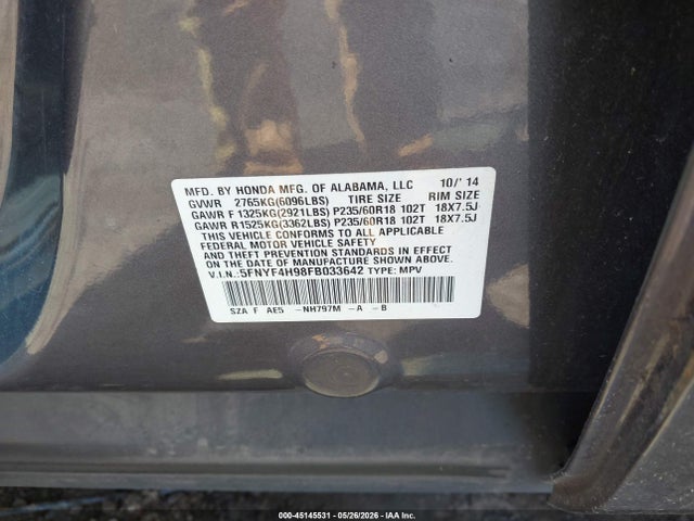 2015 Honda Pilot Touring მანქანა იყიდება აუქციონზე, vin: 5FNYF4H98FB033642, აუქციონის ნომერი: 45145531
