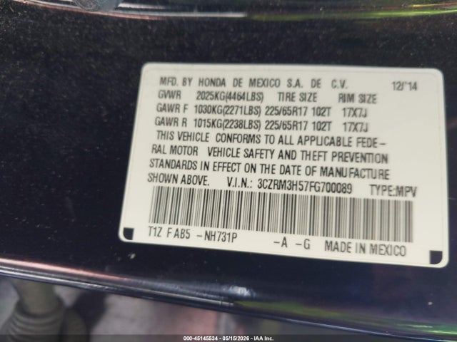 Продажа на аукционе авто 2015 Honda Cr-v Ex, vin: 3CZRM3H57FG700089, номер лота: 45145534