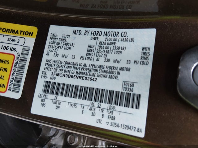Aukcja sprzedaży 2022 Ford Bronco Sport Big Bend, vin: 3FMCR9B65NRE02642, numer aukcji: 45145535