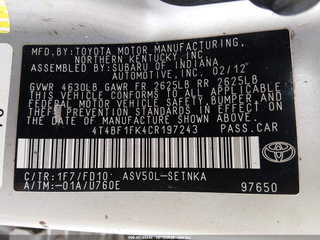 2012 Toyota Camry Le მანქანა იყიდება აუქციონზე, vin: 4T4BF1FK4CR197243, აუქციონის ნომერი: 45145540