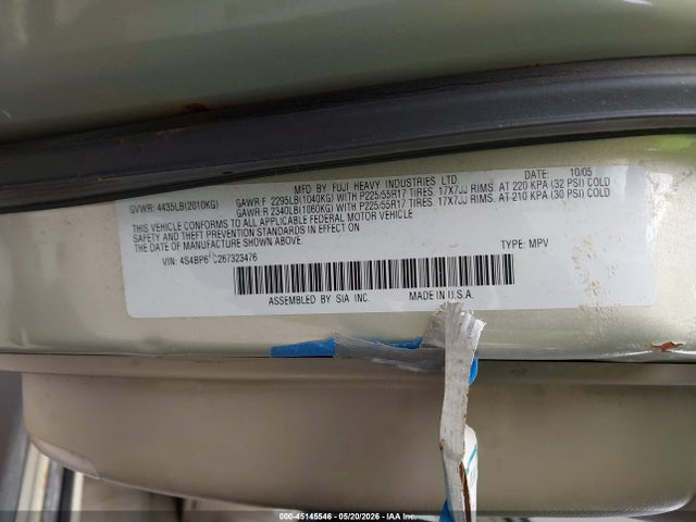 2006 Subaru Outback 2.5i მანქანა იყიდება აუქციონზე, vin: 4S4BP61C267323476, აუქციონის ნომერი: 45145546