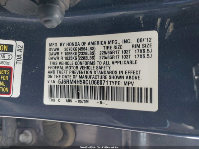 45145553 :رقم المزاد ، 5J6RM4H59CL068071 vin ، 2012 Honda Cr-v Ex مزاد بيع