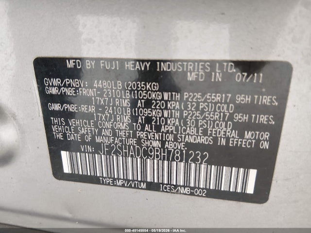 45145554 :رقم المزاد ، JF2SHADC9BH781232 vin ، 2011 Subaru Forester 2.5x Premium مزاد بيع