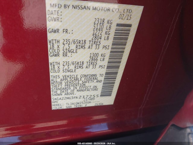 45145560 :رقم المزاد ، 5N1AZ2MG3FN217255 vin ، 2015 Nissan Murano Sv مزاد بيع