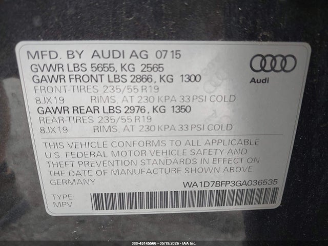 2016 Audi Q5 3.0t Premium Plus მანქანა იყიდება აუქციონზე, vin: WA1D7BFP3GA036535, აუქციონის ნომერი: 45145566