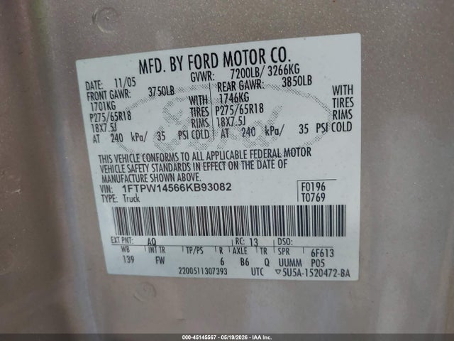 Aukcja sprzedaży 2006 Ford F-150 Fx4/lariat/xlt, vin: 1FTPW14566KB93082, numer aukcji: 45145567