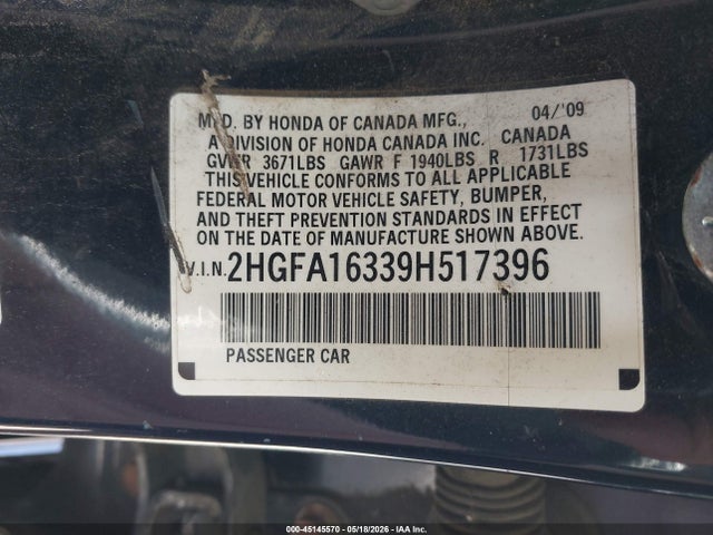 Aukcja sprzedaży 2009 Honda Civic Vp, vin: 2HGFA16339H517396, numer aukcji: 45145570
