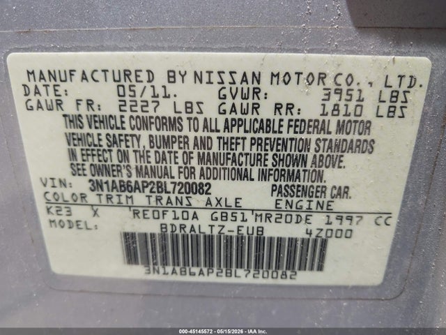 2011 Nissan Sentra 2.0sr მანქანა იყიდება აუქციონზე, vin: 3N1AB6AP2BL720082, აუქციონის ნომერი: 45145572