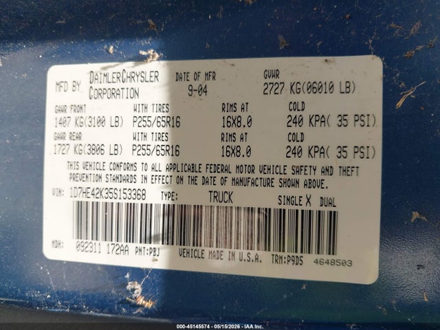 45145574 :رقم المزاد ، 1D7HE42K35S153368 vin ، 2005 Dodge Dakota Slt مزاد بيع