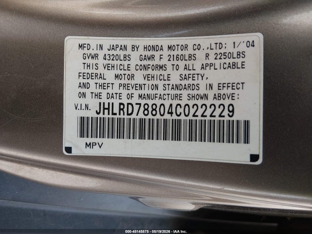 2004 Honda Cr-v Ex მანქანა იყიდება აუქციონზე, vin: JHLRD78804C022229, აუქციონის ნომერი: 45145575