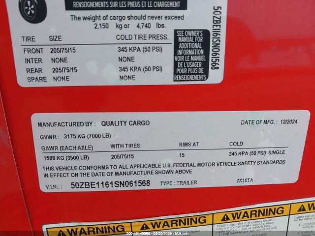 2025 Quality Quality Cargo, Llc მანქანა იყიდება აუქციონზე, vin: 50ZBE1161SN061568, აუქციონის ნომერი: 45145585
