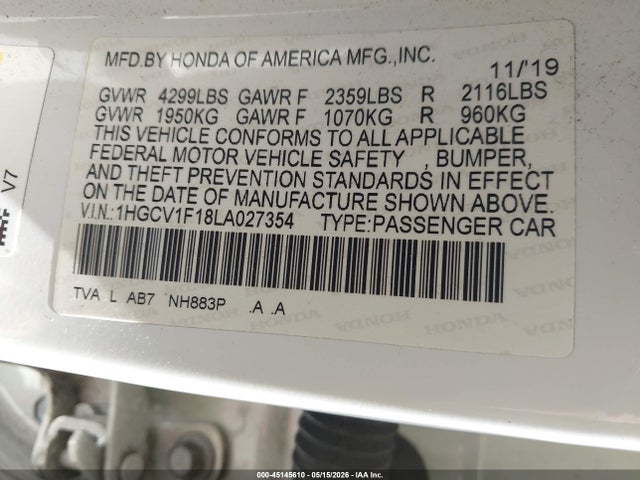 45145610 :رقم المزاد ، 1HGCV1F18LA027354 vin ، 2020 Honda Accord Lx مزاد بيع