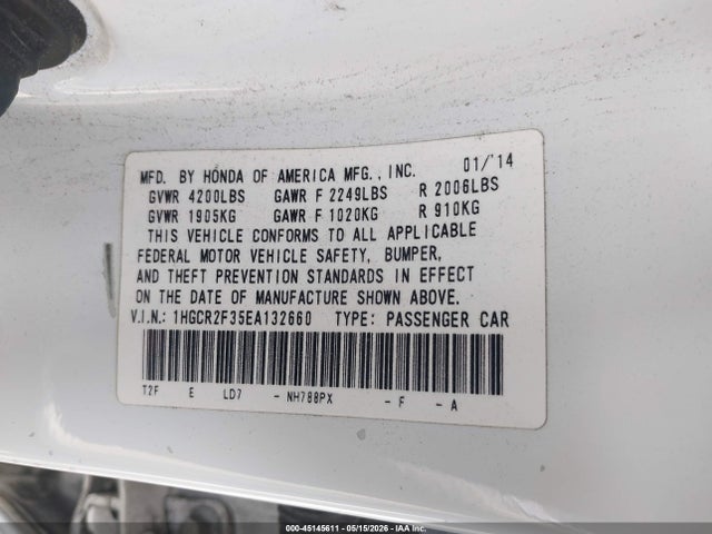 Honda ACCORD LX 2014 1HGCR2F35EA132660 Image 9