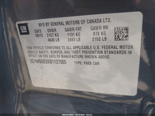 2013 Chevrolet Impala Lt მანქანა იყიდება აუქციონზე, vin: 2G1WG5E3XD1127055, აუქციონის ნომერი: 45145622