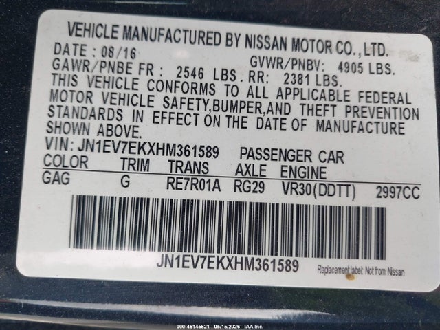 2017 Infiniti Q60 3.0t Premium მანქანა იყიდება აუქციონზე, vin: JN1EV7EKXHM361589, აუქციონის ნომერი: 45145621