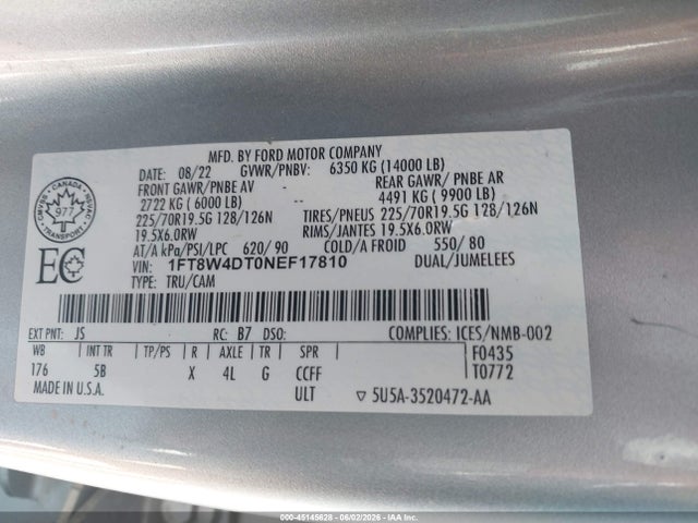 Auction sale of the 2022 Ford F-450 Lariat, vin: 1FT8W4DT0NEF17810, lot number: 45145628