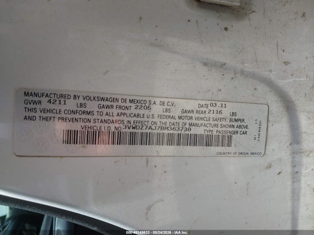 Aukcja sprzedaży 2011 Volkswagen Jetta 2.5l Se, vin: 3VWDZ7AJ7BM363738, numer aukcji: 45145633