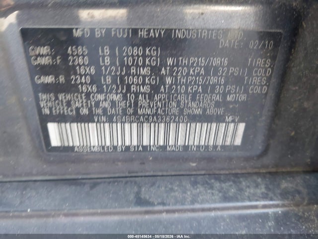 2010 Subaru Outback 2.5i მანქანა იყიდება აუქციონზე, vin: 4S4BRCAC9A3362400, აუქციონის ნომერი: 45145634