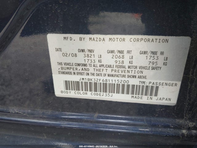 Продажа на аукционе авто 2008 Mazda Mazda3 I Touring Value, vin: JM1BK32F681115200, номер лота: 45145642