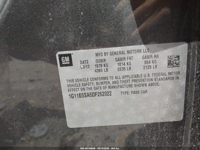 2013 Chevrolet Malibu 1ls მანქანა იყიდება აუქციონზე, vin: 1G11B5SA6DF262022, აუქციონის ნომერი: 45145646