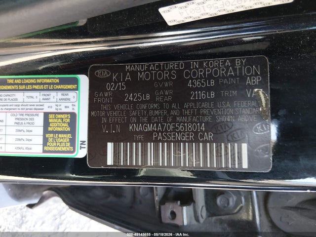 Продажа на аукционе авто 2015 Kia Optima Lx, vin: KNAGM4A70F5618014, номер лота: 45145655