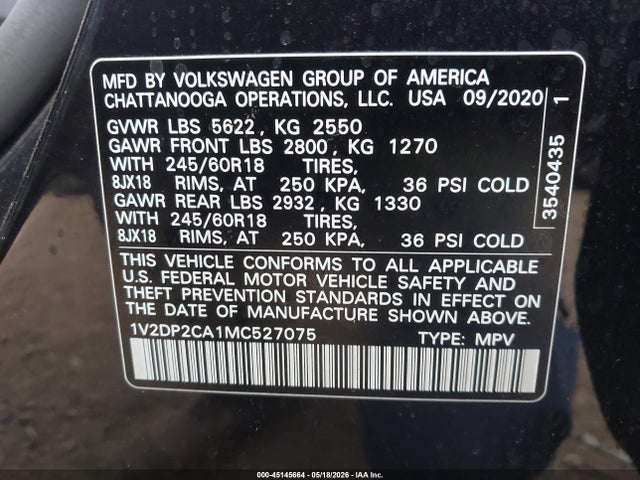 45145664 :رقم المزاد ، 1V2DP2CA1MC527075 vin ، 2021 Volkswagen Atlas 2.0t Se مزاد بيع