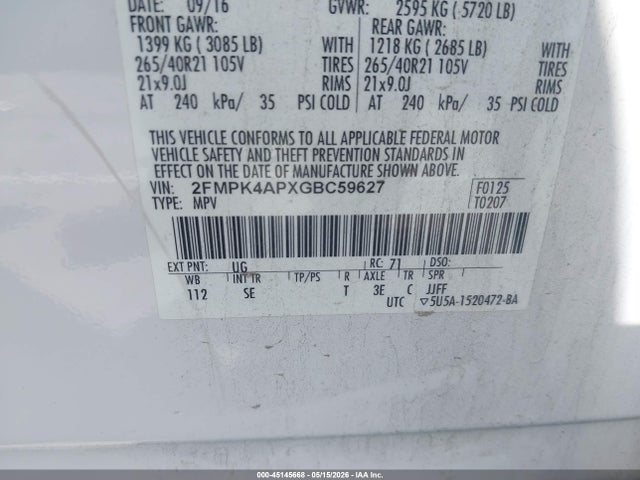 Ford EDGE SPORT 2016 2FMPK4APXGBC59627 Image 9