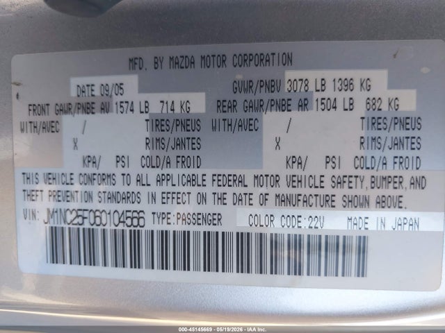 2006 Mazda Mx-5 Grand Touring მანქანა იყიდება აუქციონზე, vin: JM1NC25F060104566, აუქციონის ნომერი: 45145669