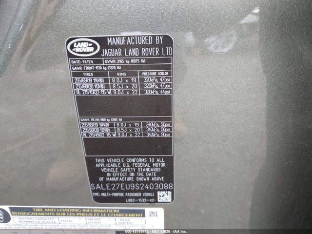 45145673 :رقم المزاد ، SALE27EU9S2403088 vin ، 2025 Land Rover Defender 110 P400 X-dynamic Se مزاد بيع