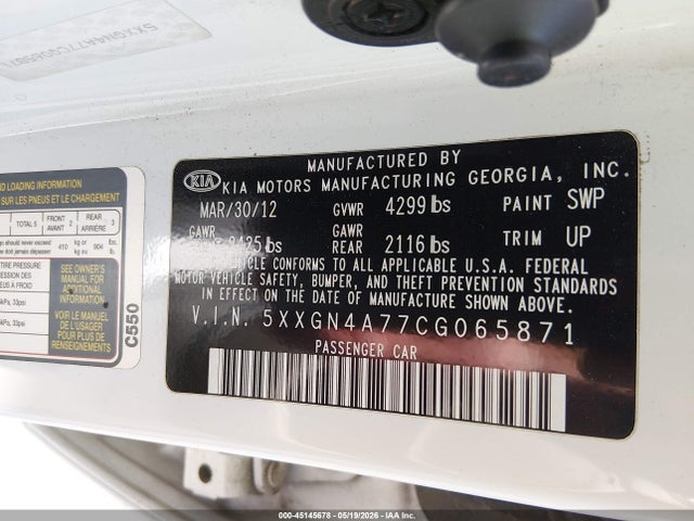 Aukcja sprzedaży 2012 Kia Optima Ex, vin: 5XXGN4A77CG065871, numer aukcji: 45145678