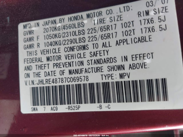 45145679 :رقم المزاد ، JHLRE48787C069578 vin ، 2007 Honda Cr-v Ex-l مزاد بيع