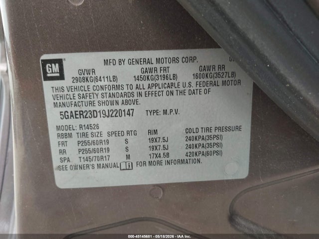 45145681 :رقم المزاد ، 5GAER23D19J220147 vin ، 2009 Buick Enclave Cxl مزاد بيع