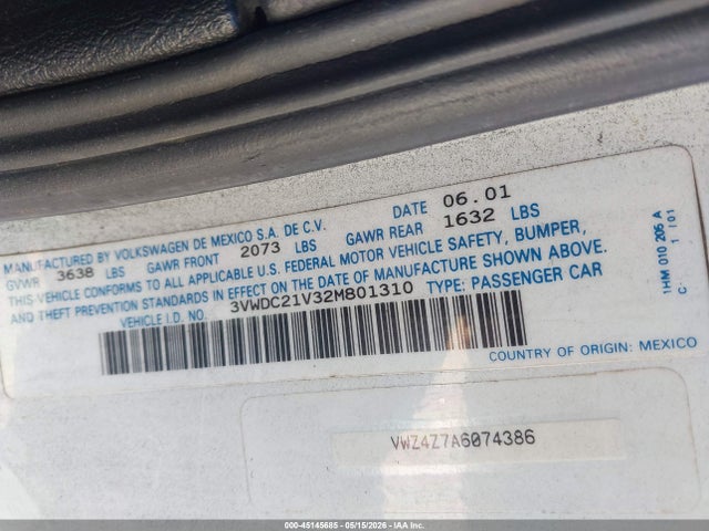 Продажа на аукционе авто 2002 Volkswagen Cabrio Glx, vin: 3VWDC21V32M801310, номер лота: 45145685
