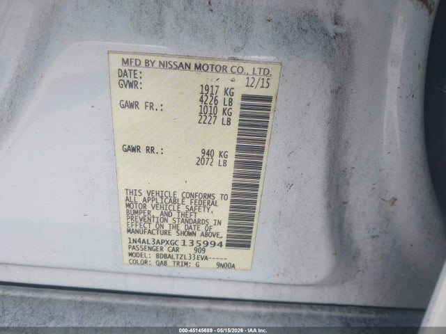 2016 Nissan Altima 2.5 Sl მანქანა იყიდება აუქციონზე, vin: 1N4AL3APXGC135994, აუქციონის ნომერი: 45145689